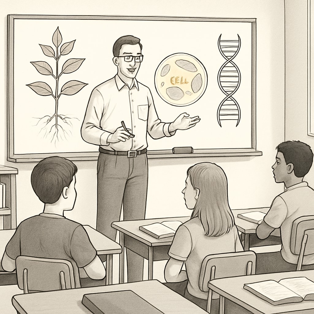 A biology teacher explaining concepts in a classroom, demonstrating the transition from biology to education.