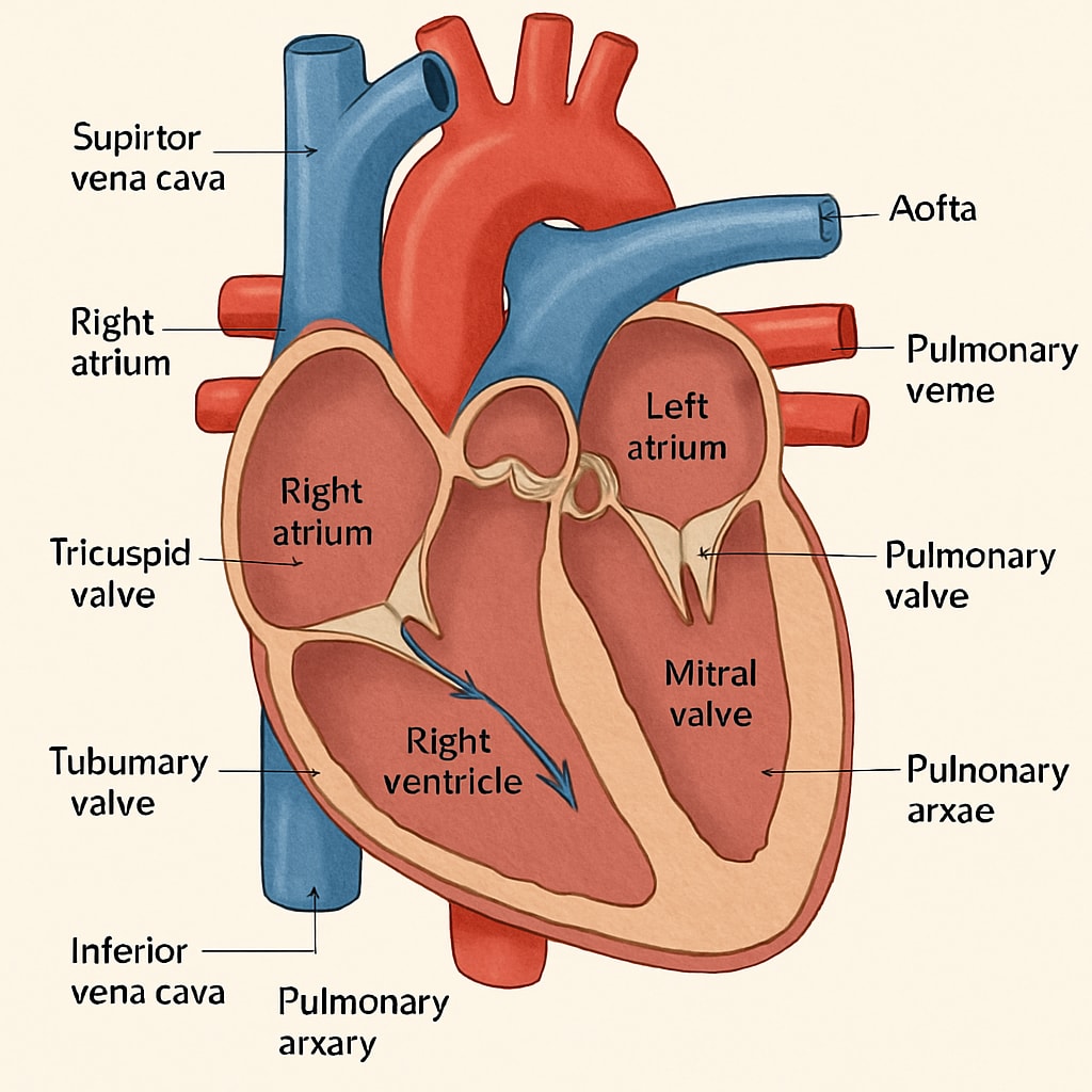 A detailed illustration of the human heart anatomy, highlighting its chambers and blood flow pathways. Human heart anatomy for non-medical learners studying cardiology