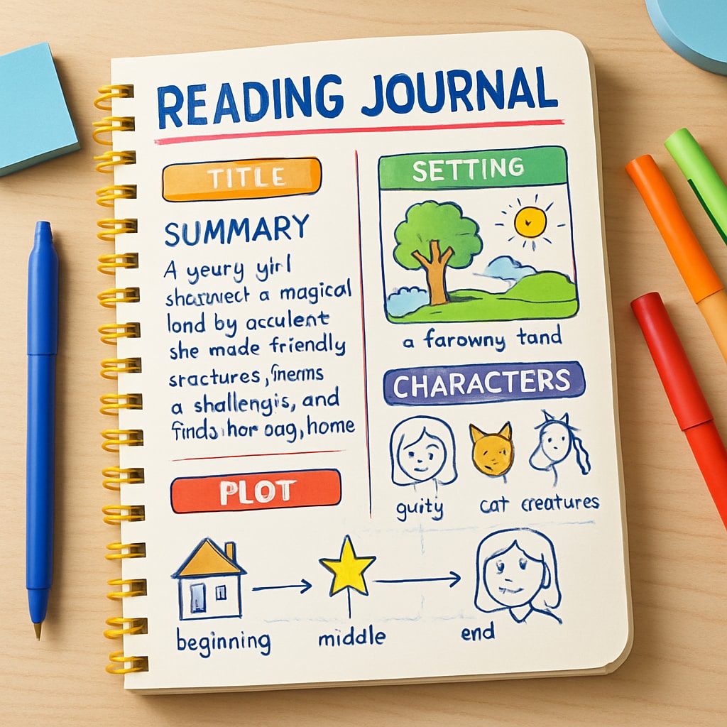 A colorful reading journal on a desk, displaying handwritten notes and doodles about a story. A reading journal with notes and reflections on a book to encourage deeper engagement.