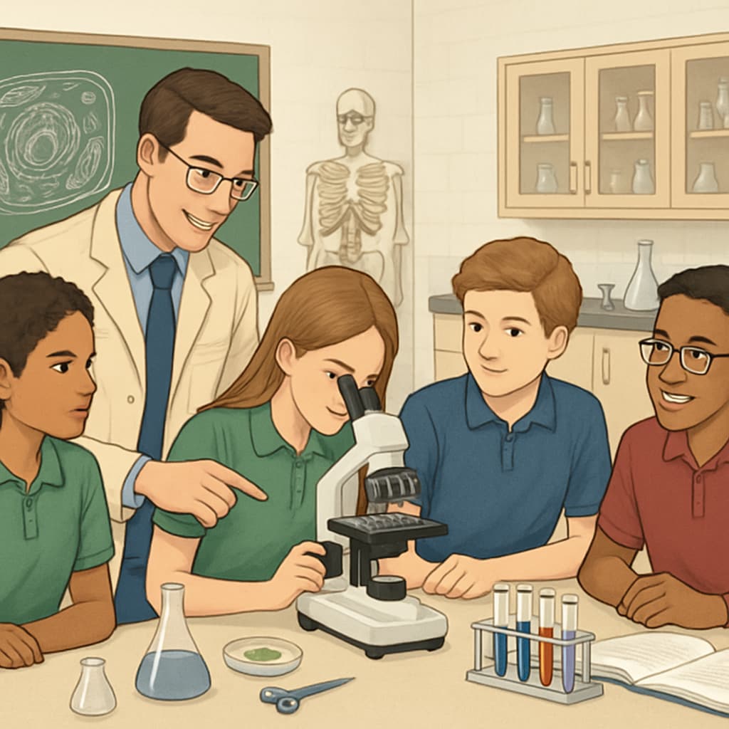 A student teacher demonstrating a biology experiment, showcasing the blend of scientific expertise and teaching.
