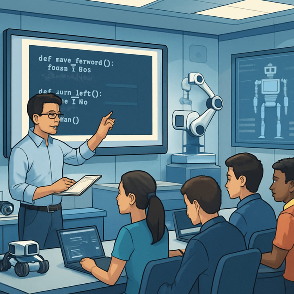 A robotics instructor guiding students through a coding exercise in a high-tech classroom. Robotics instructor teaching coding to students