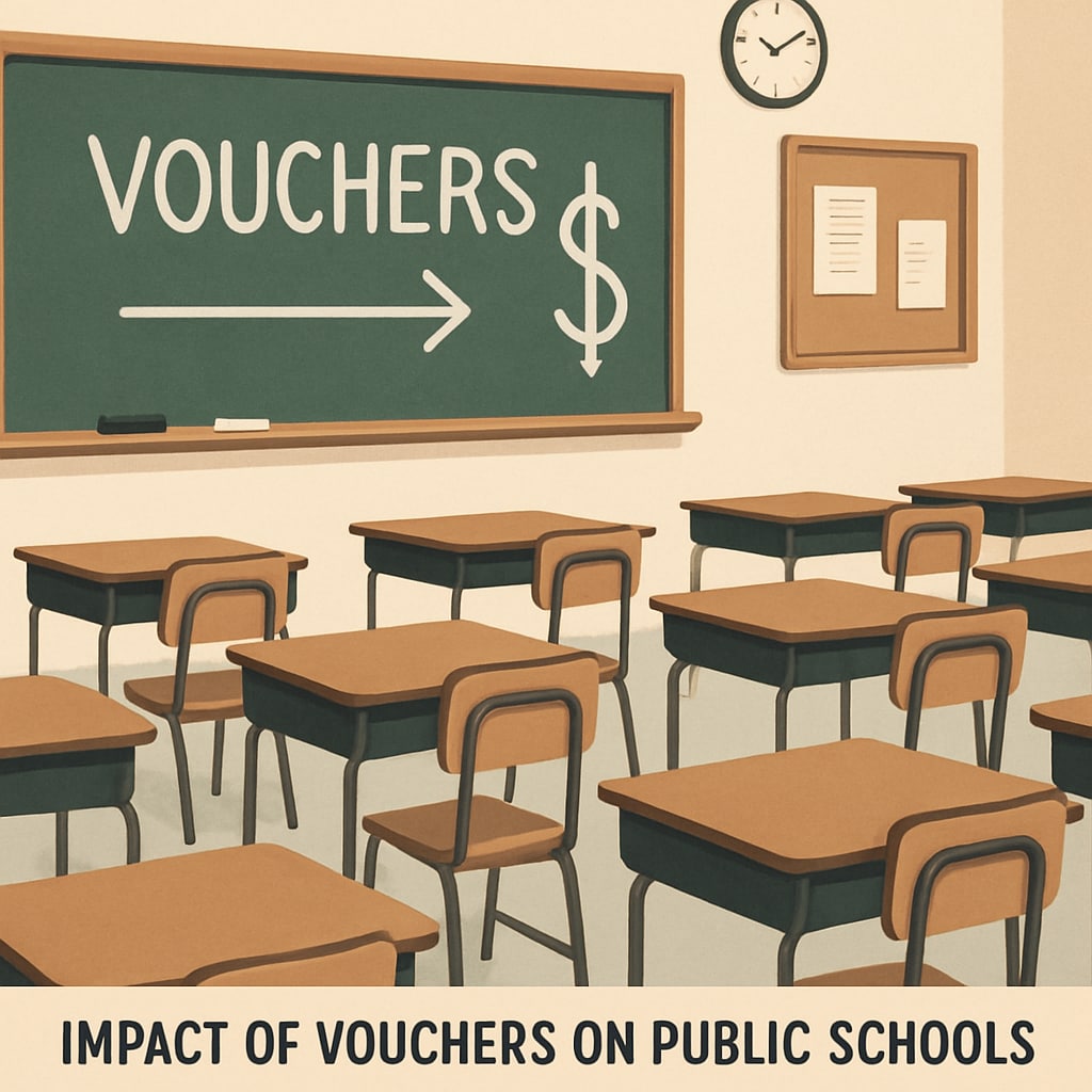A classroom with empty seats, symbolizing the financial impact of vouchers on public schools. Empty classroom seats highlighting the financial strain on public schools due to vouchers.