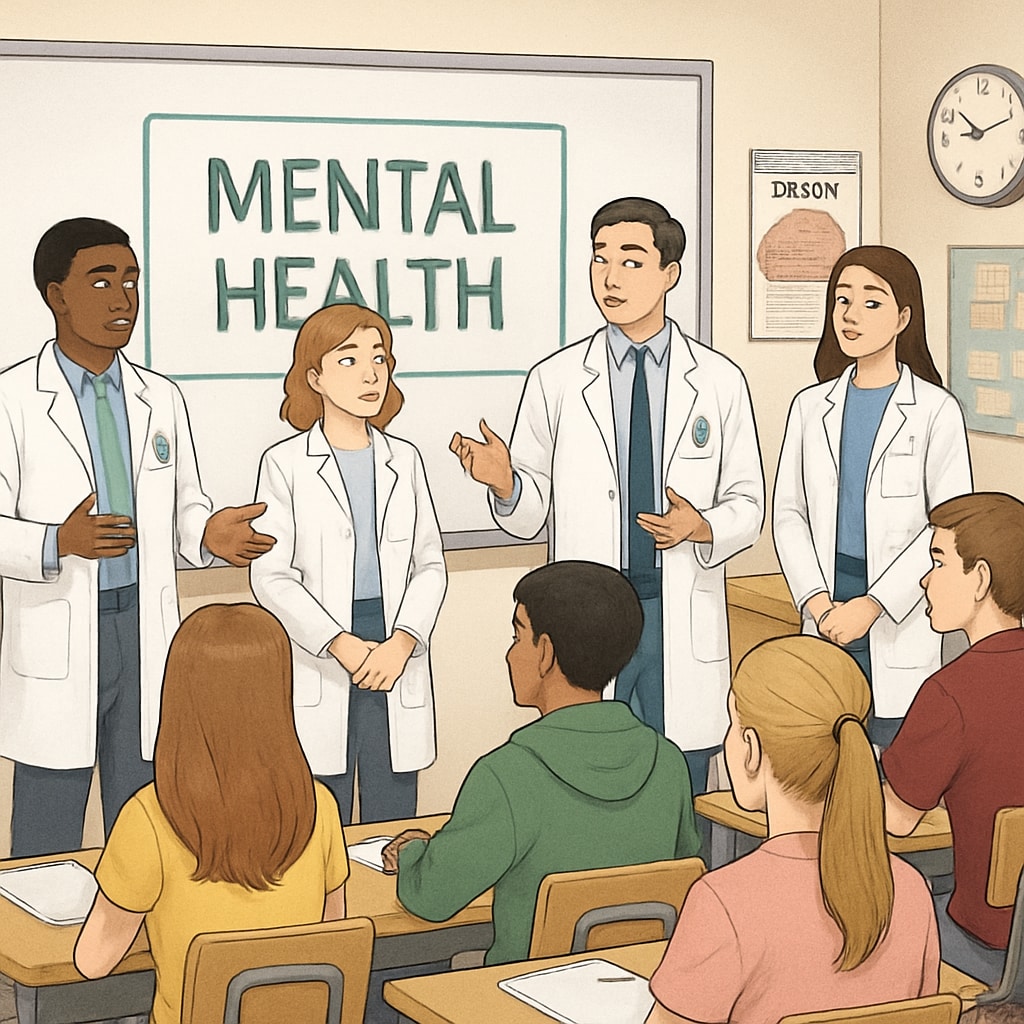 A group of medical students presenting a mental health seminar to high school students in a classroom setting. Medical students leading a mental health seminar for high school students.