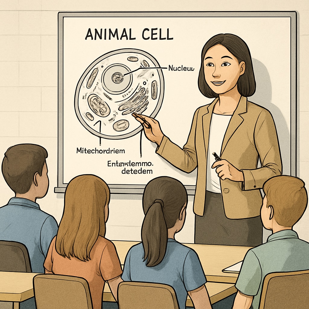 A classroom setting where a teacher is explaining a biology topic using a whiteboard. The teacher is engaging with students while referencing a diagram on the board. Teacher explaining biology concepts to students in a classroom setting.