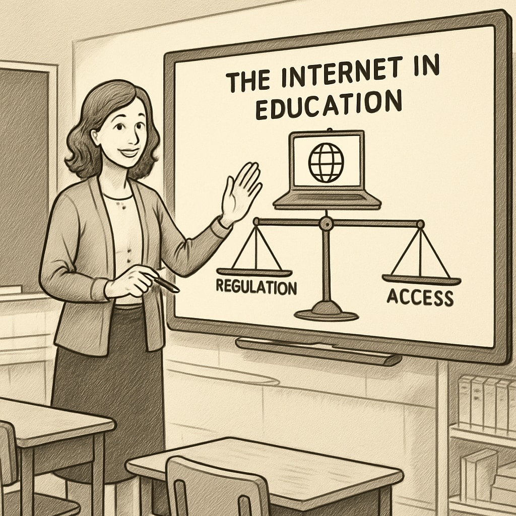 Teacher explaining internet education with a focus on age verification laws.