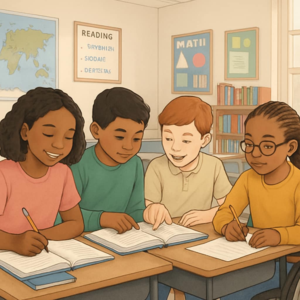 A diverse group of students in a public school classroom, emphasizing inclusivity and equity. Diverse public school students representing inclusivity and the impact of equitable funding.