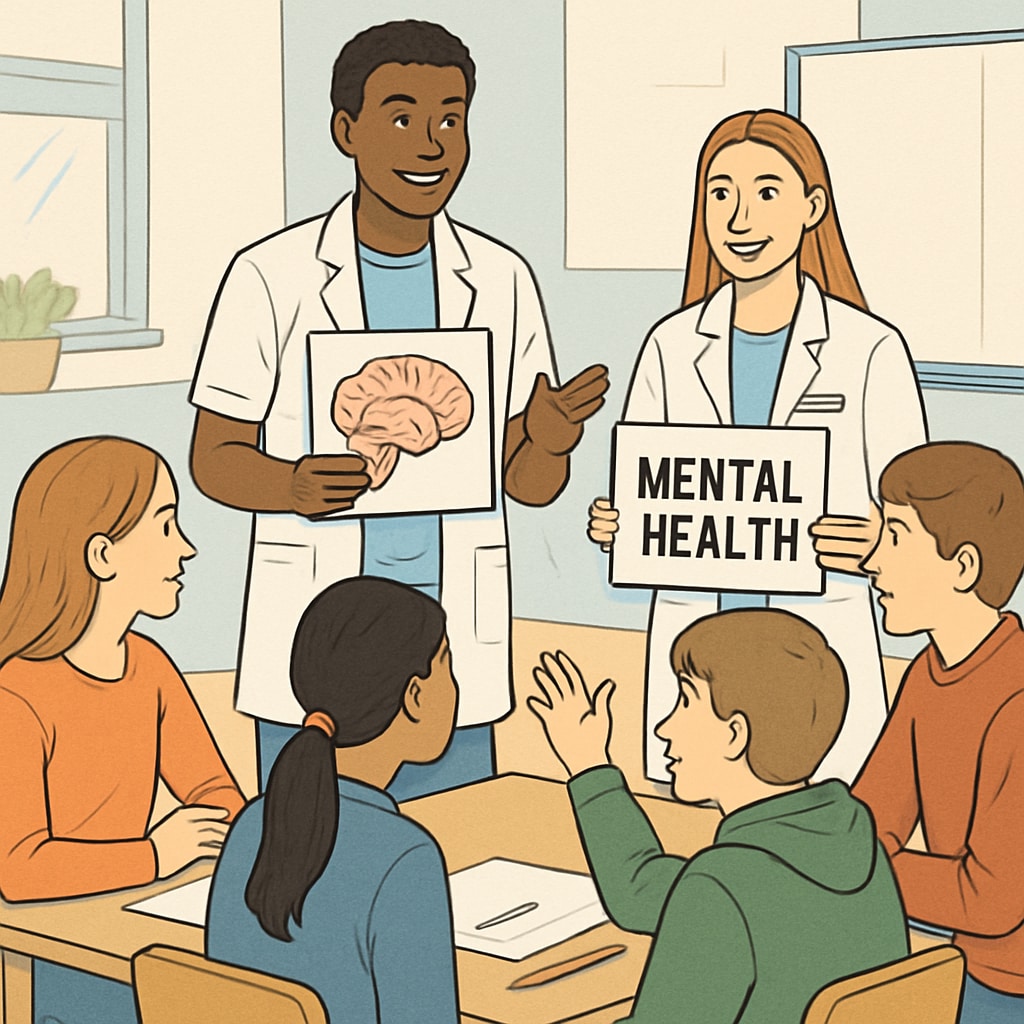 A close-up of high school students participating in an interactive mental health workshop led by medical students. High school students engaging in an interactive mental health workshop.
