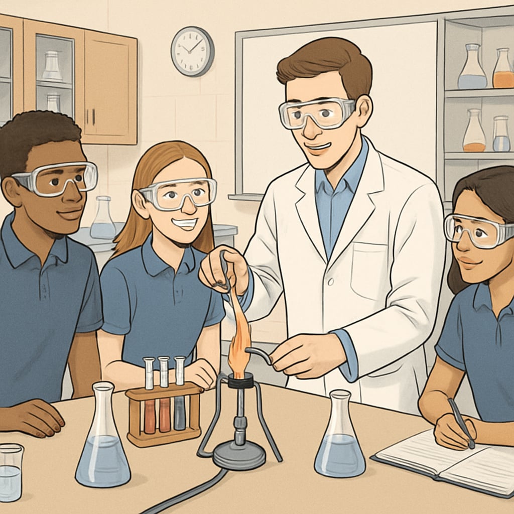 A student teacher conducting a science experiment with high school students in a lab. The students are actively participating and observing the experiment. Student teacher performing a science experiment with high school students.