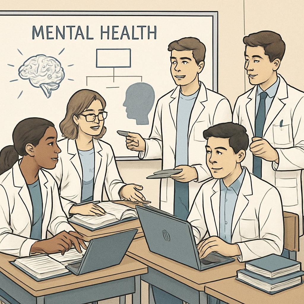 A group of medical students collaborating on a presentation for a high school mental health assembly. Medical students preparing for a high school mental health assembly.