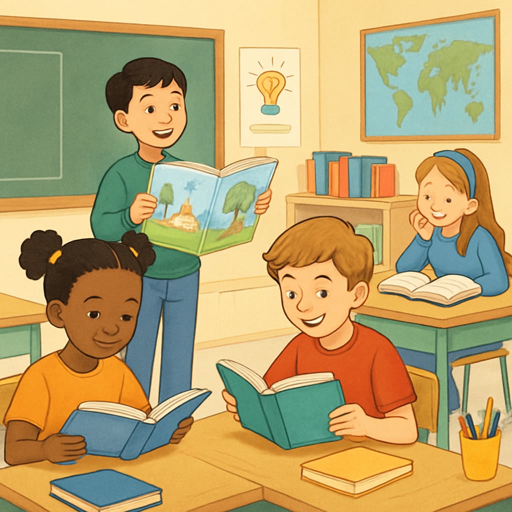 A classroom setting where students are engaged in reading activities, emphasizing creativity and fun. Elementary students engaged in reading activities as part of non-A.R. comprehension tools.