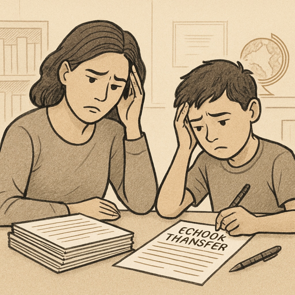 A parent and child reviewing school transfer paperwork, highlighting barriers in school choice programs.