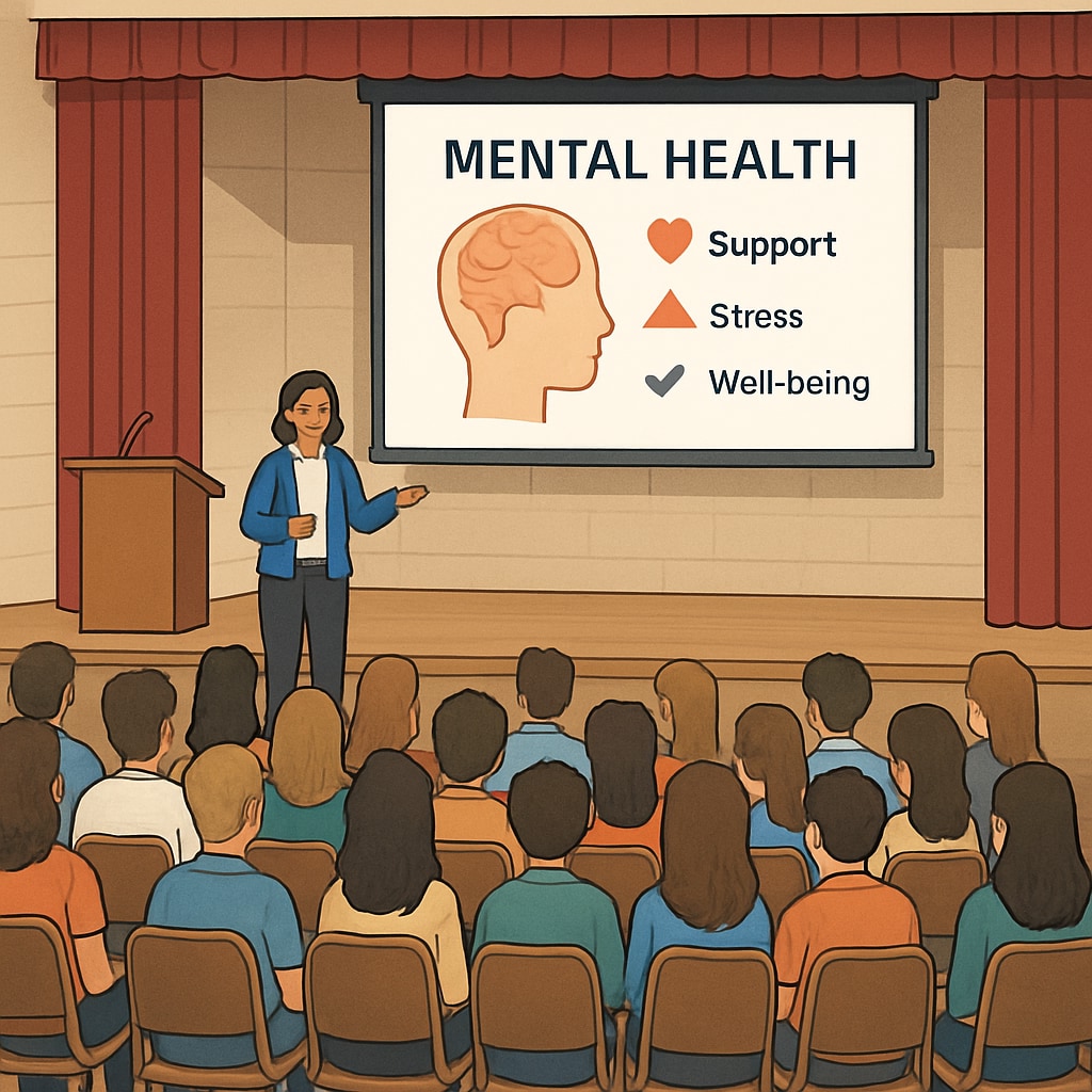 A high school auditorium with students listening attentively to a mental health presentation. High school students at a mental health assembly.