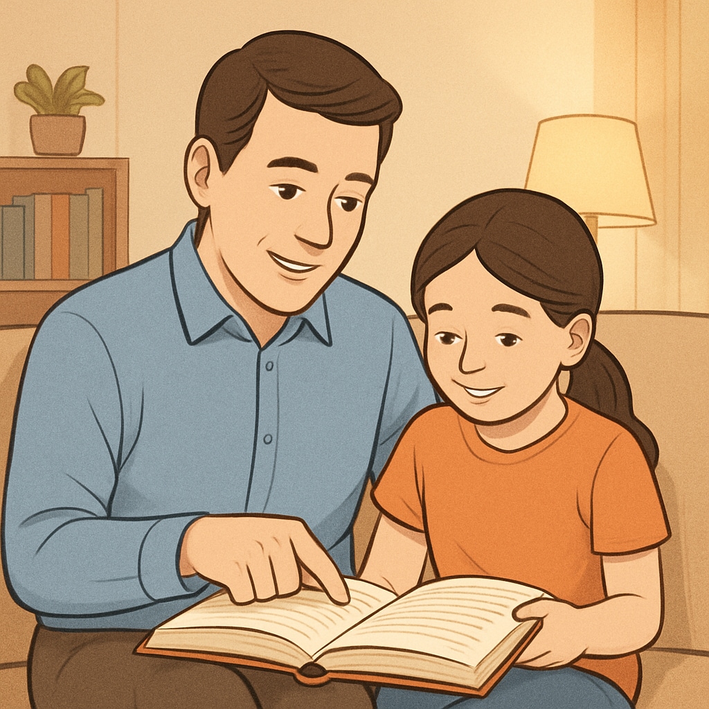 A parent reading with their child in a cozy home setting, reinforcing the importance of shared reading experiences. Parent and child reading together to inspire reading habits outside the A.R. system.