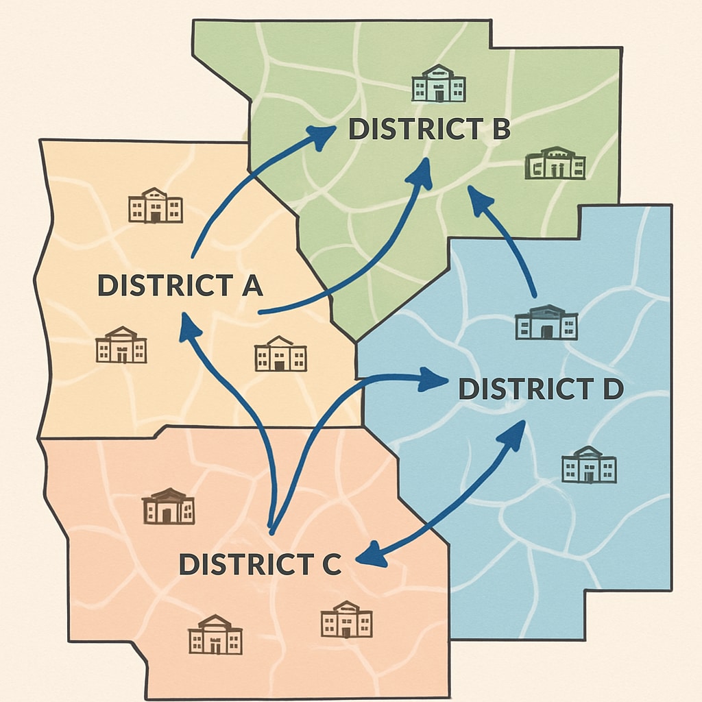 School district map showing transfer complexity, related to communication barriers in school choice.