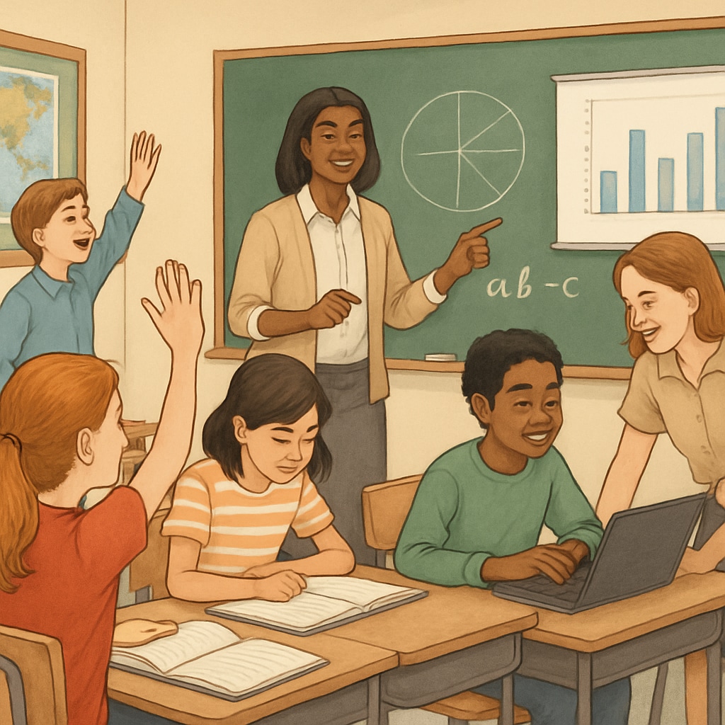 A classroom in a public school with students and teachers engaging in interactive learning activities. The image highlights the collaborative and dynamic environment of public education. Public school classroom with students and teachers engaging in interactive learning.