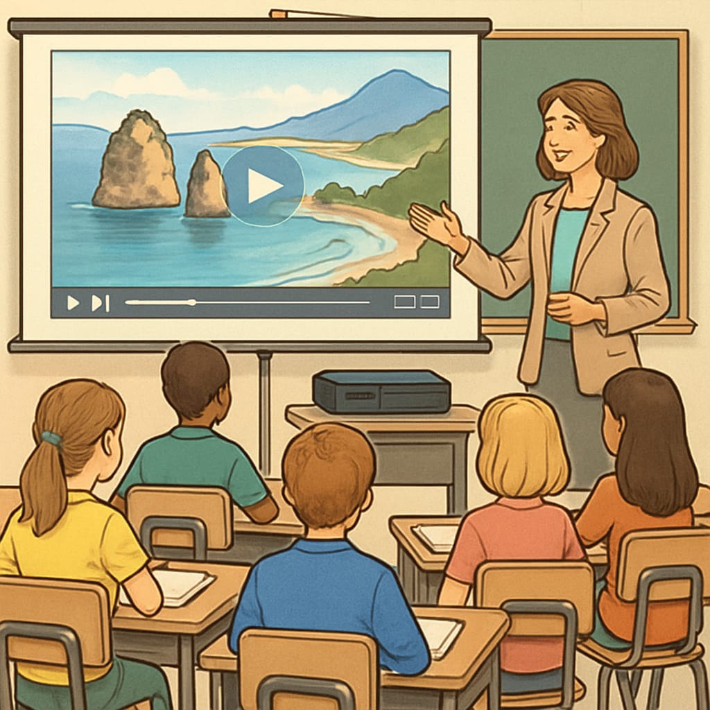 A classroom setting where students watch tourism short videos, illustrating their role in modern education. Students in a classroom watching tourism short videos for learning.