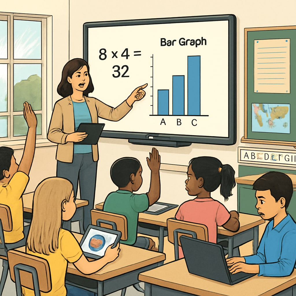 A teacher using interactive technology in a public school classroom to enhance student engagement. The image emphasizes the integration of technology in modern public education. Teacher using interactive technology in a public school classroom.