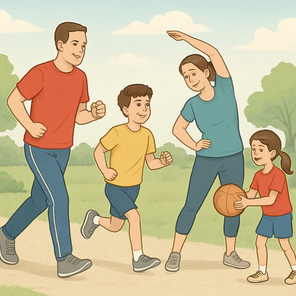 A family exercising together outdoors, demonstrating teamwork and healthy lifestyle choices. Family promoting healthy habits through outdoor activities.