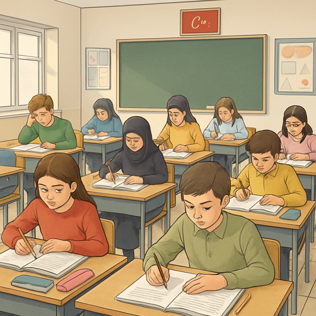 A classroom in Turkey with students preparing for a centralized exam, reflecting the intensity of the exam-driven system. Students in Turkey preparing for centralized exams, showcasing exam pressure in the education system.