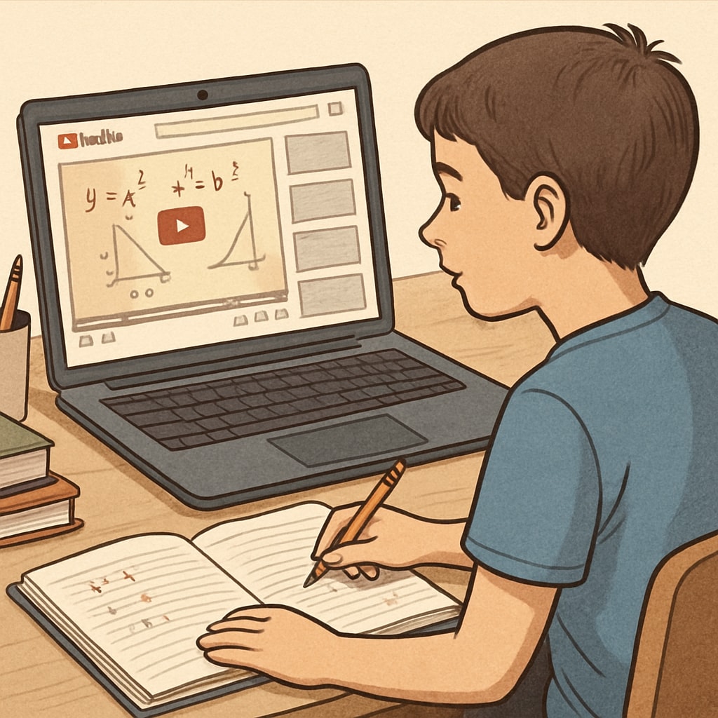 A young student studying math concepts on a laptop with YouTube open, symbolizing the accessibility of online resources. A student using YouTube resources for math test preparation.