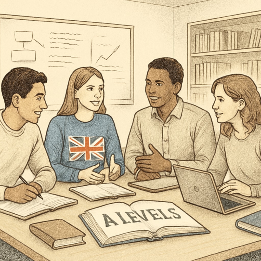 A group of students in the UK discussing their A Levels coursework in a collaborative setting, illustrating the flexibility and depth of the system. UK students collaborating on A Levels coursework, representing the flexibility of the A Levels model.