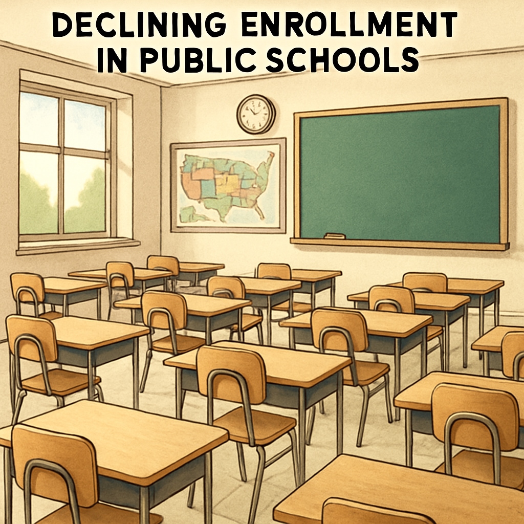 A classroom with empty desks, representing the impact of declining enrollment in public schools. Empty classroom desks, symbolizing public school enrollment challenges due to vouchers.