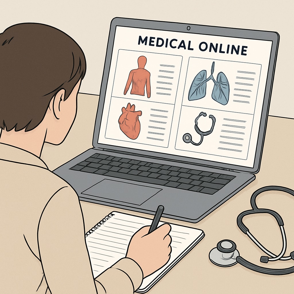 A person using an online platform to learn about basic medical concepts, with a notebook and a stethoscope on the desk. Online medical education course for non-medical backgrounds.