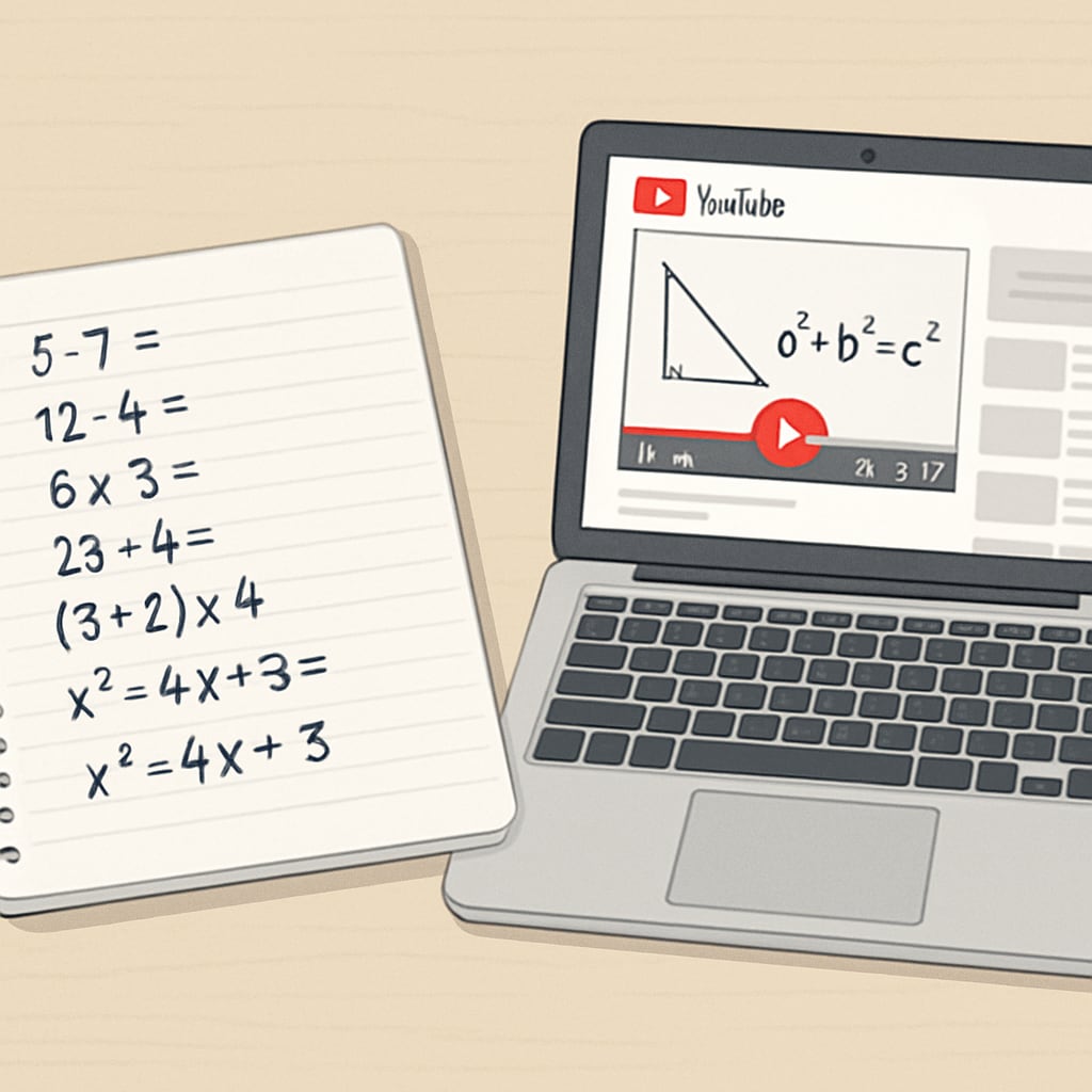 A notebook with handwritten math practice problems next to a laptop displaying a YouTube tutorial. Math practice notebook and YouTube tutorial for campus recruitment tests.