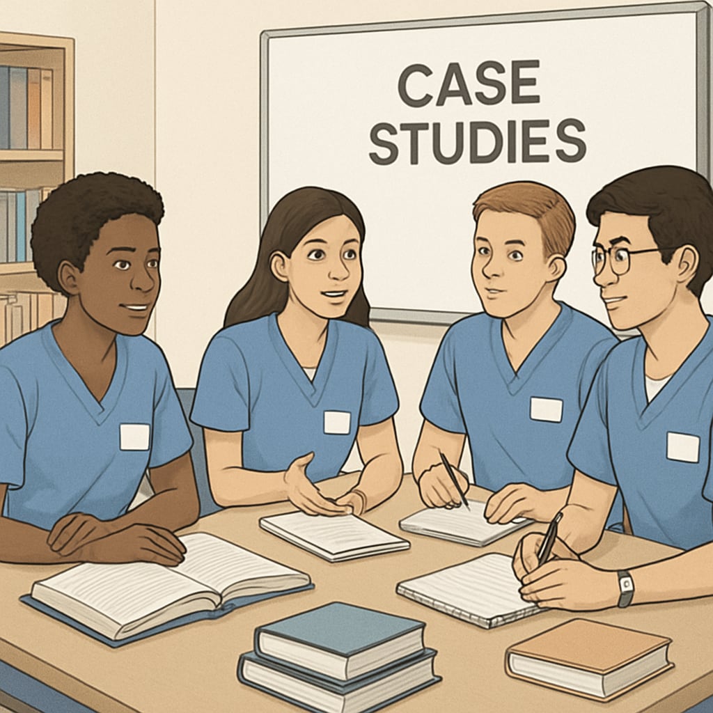 A group of nursing students in a classroom setting, discussing case studies, highlighting the importance of collaborative learning in nursing education. Nursing students discussing case studies in a classroom setting.