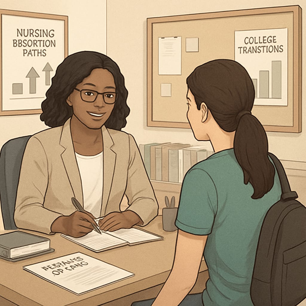 A college counselor guiding a student through transfer options, emphasizing planning for nursing education paths and college transitions. College counselor helping a student explore nursing transfer options.