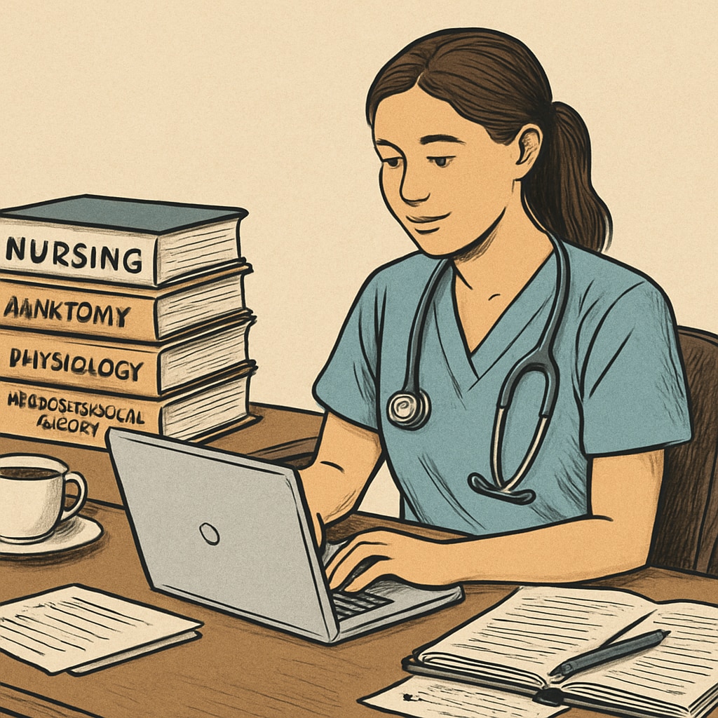 Nursing student preparing for university transfer with books and coffee