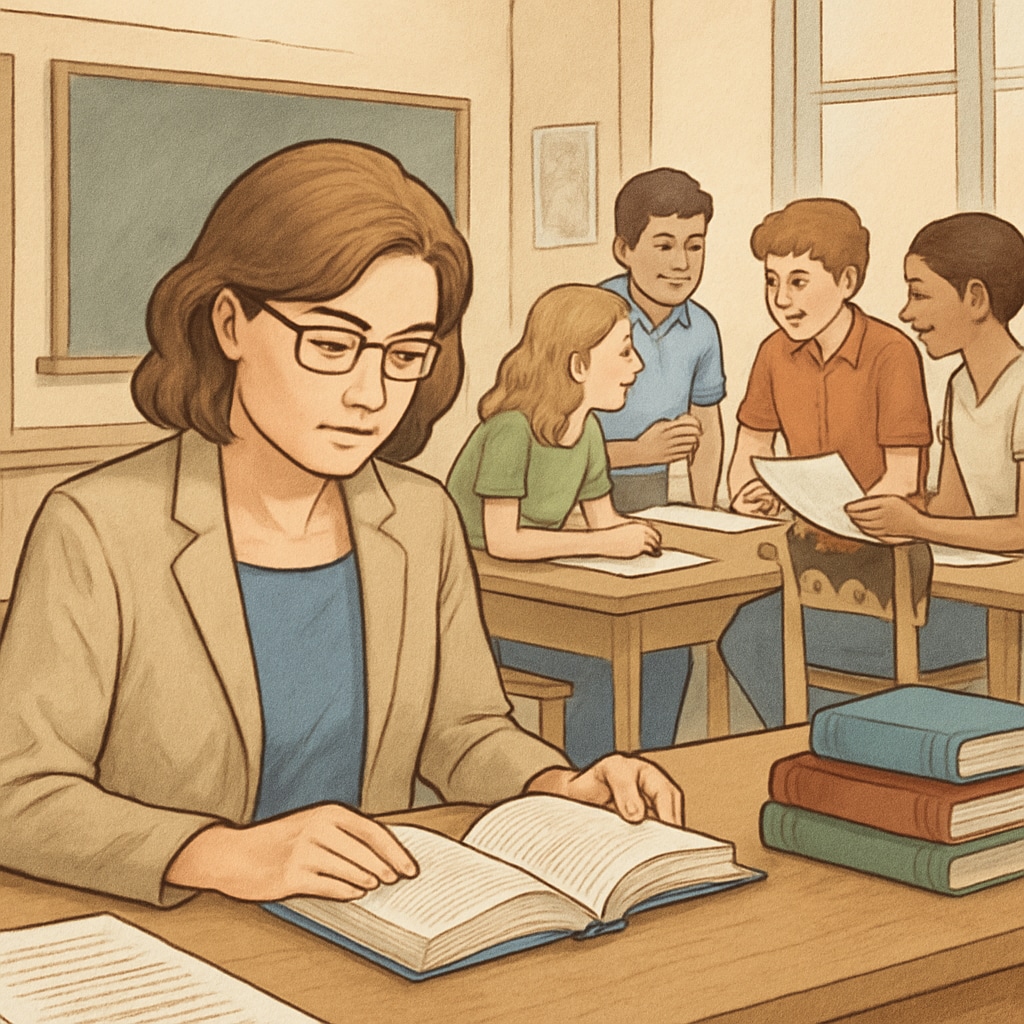 Teacher evaluating reading comprehension materials with students nearby.