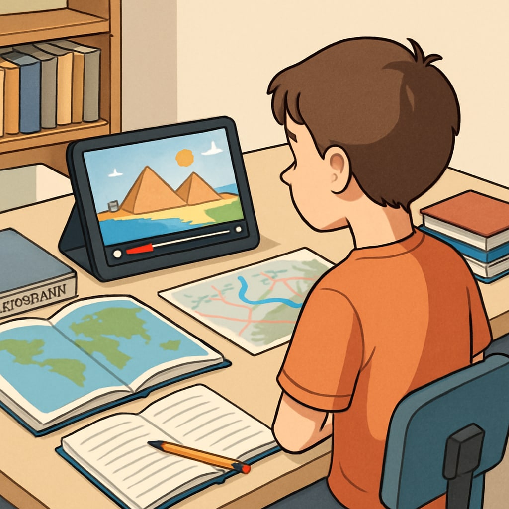 A vibrant image depicting a young student watching a travel video on a tablet, surrounded by maps and books. A student engages with travel videos as part of data collection for a graduation project on short videos in education.