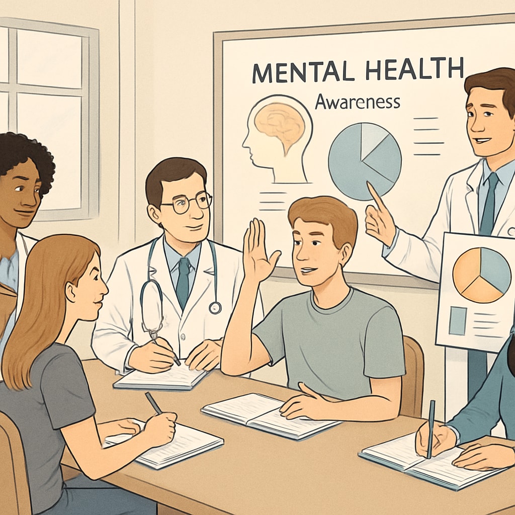 A group of medical students conducting a workshop with high school students on mental health awareness. Medical students leading a high school mental health assembly, engaging with students.