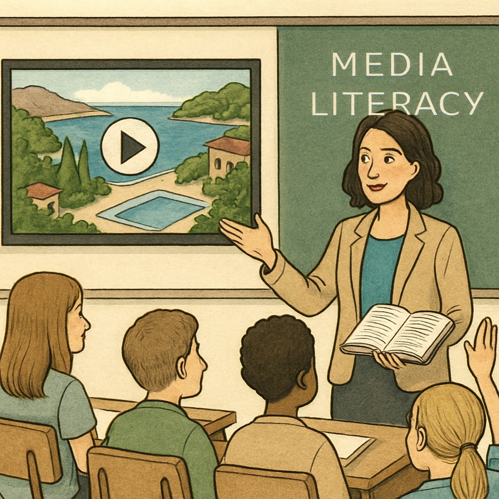 A teacher discussing media literacy with students, using short video tourism examples to illustrate concepts. Teacher engaging students in a discussion about media literacy using short video examples.