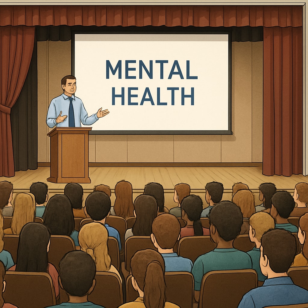 A high school auditorium filled with students attentively listening to a speaker discussing mental health topics. Students in a high school assembly listening to a mental health presentation.