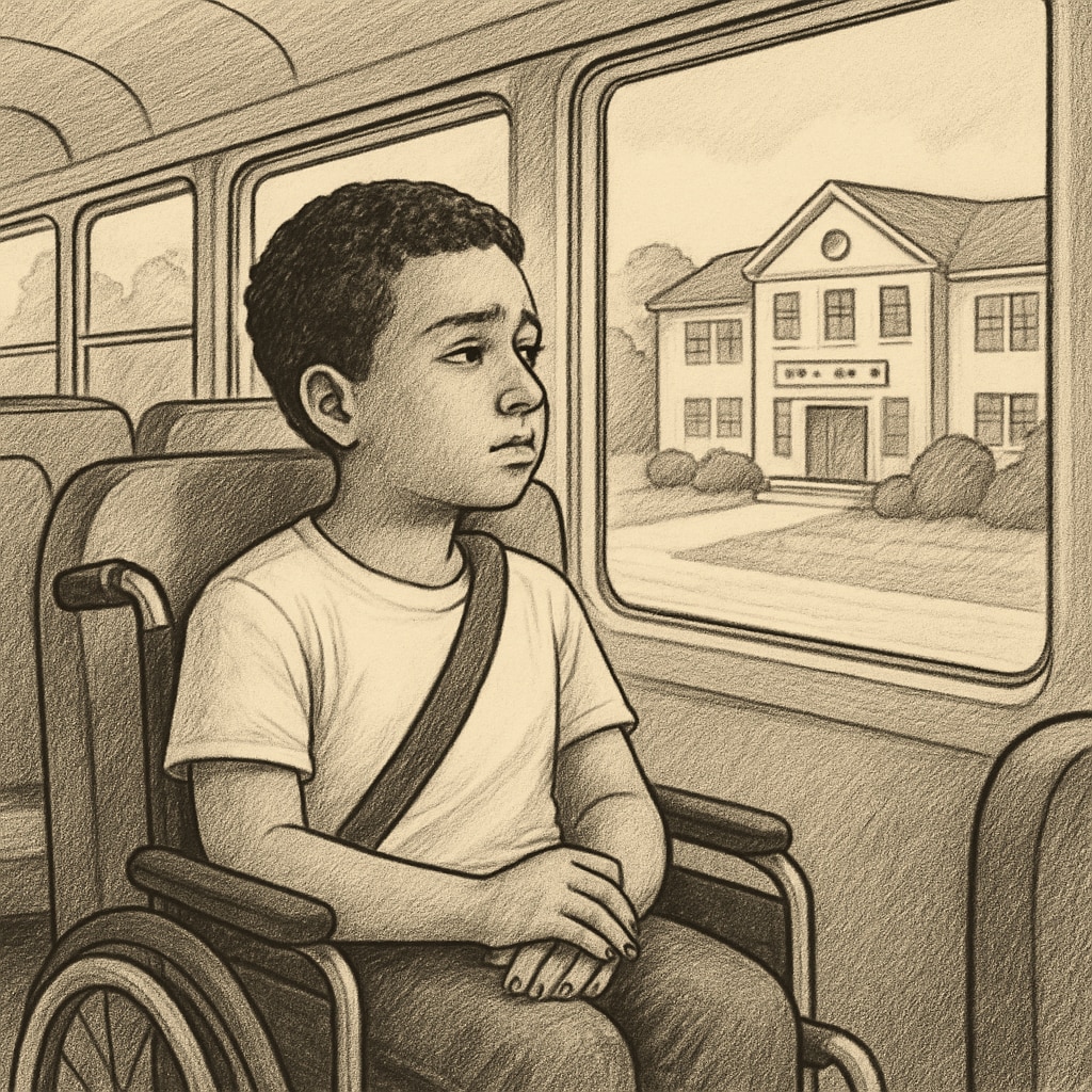 A young student looks out of a school bus window, symbolizing the struggle for inclusion and accessibility in education. Special education needs student looking out of a school bus window, symbolizing accessibility challenges.