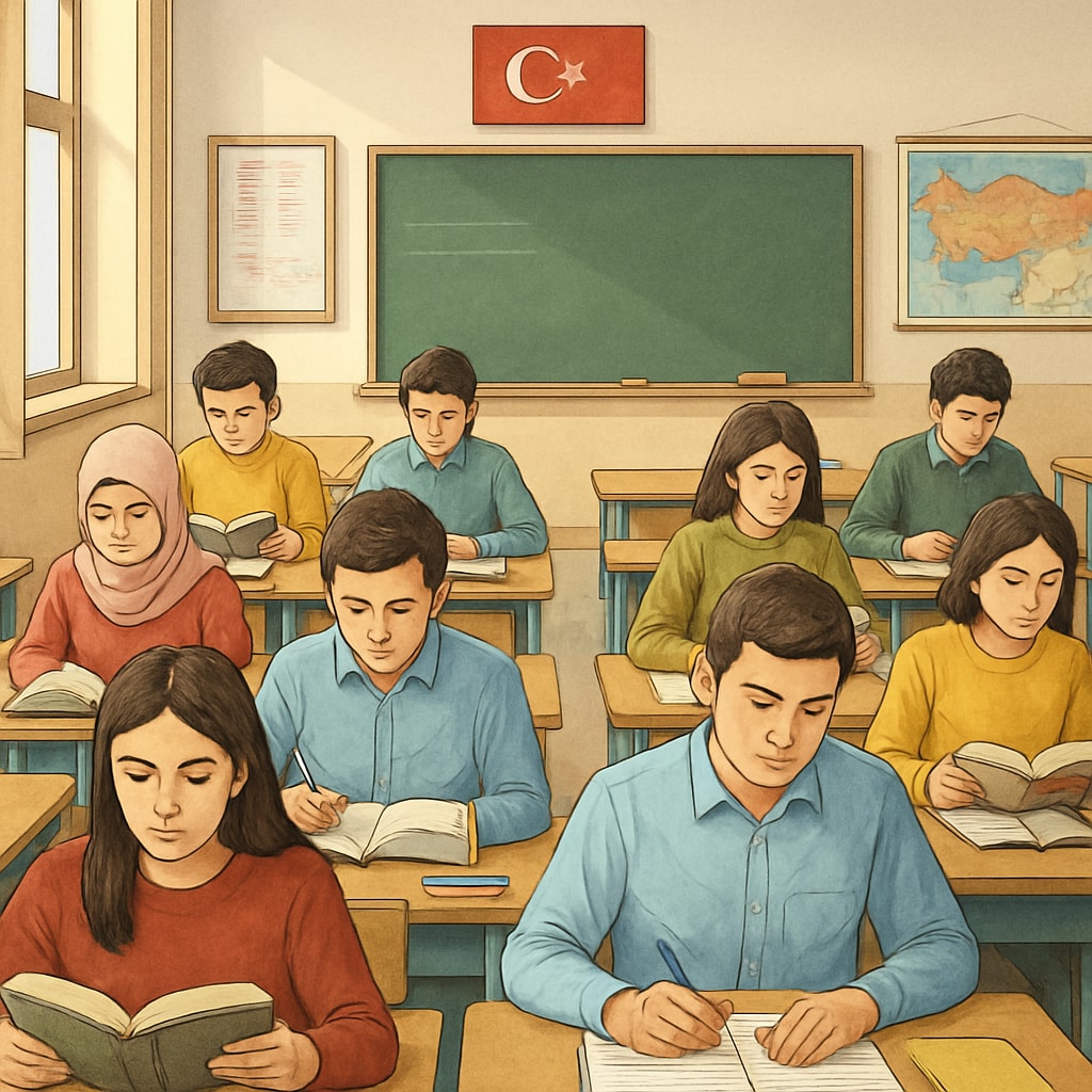 A classroom in Turkey with students preparing for a centralized exam, showcasing exam pressure. Students in Turkey preparing for a centralized exam, reflecting exam pressure.