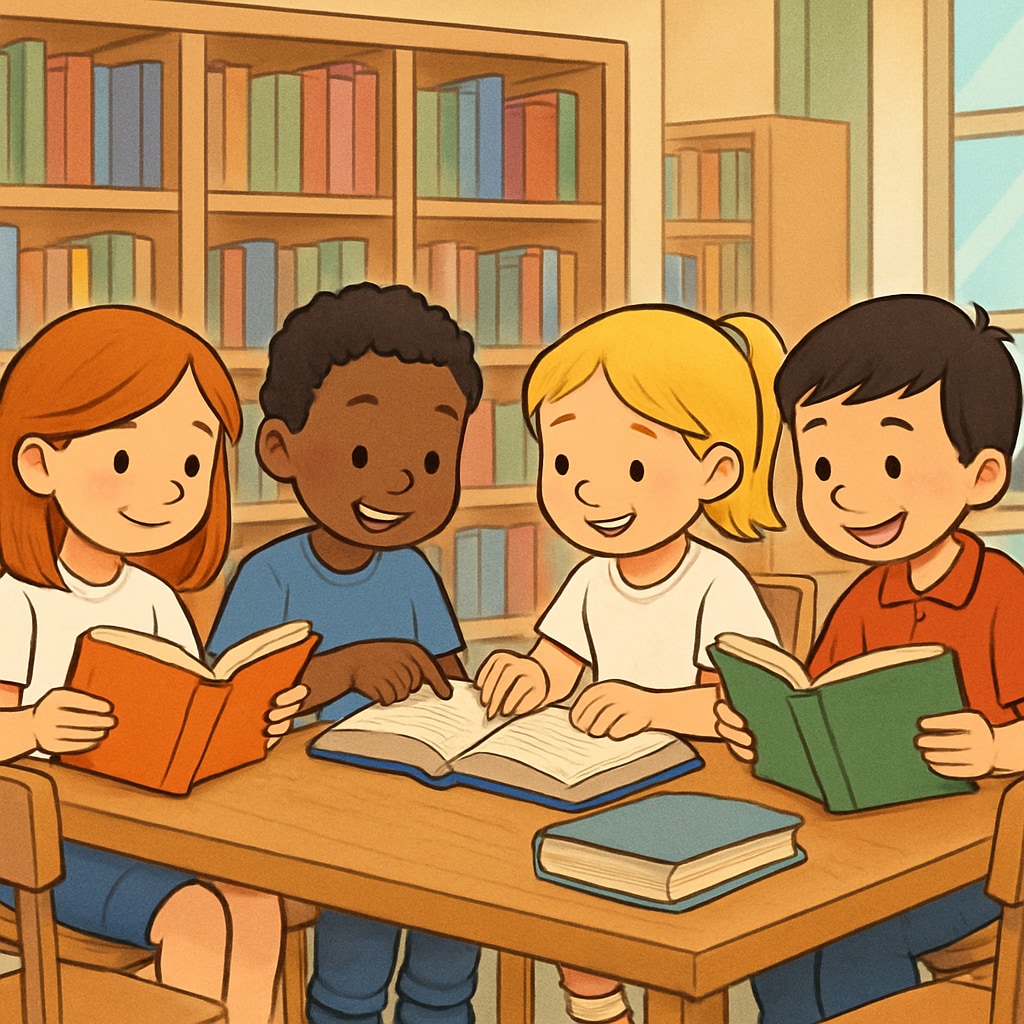Elementary students reading in a library to enhance reading comprehension without A.R. points.