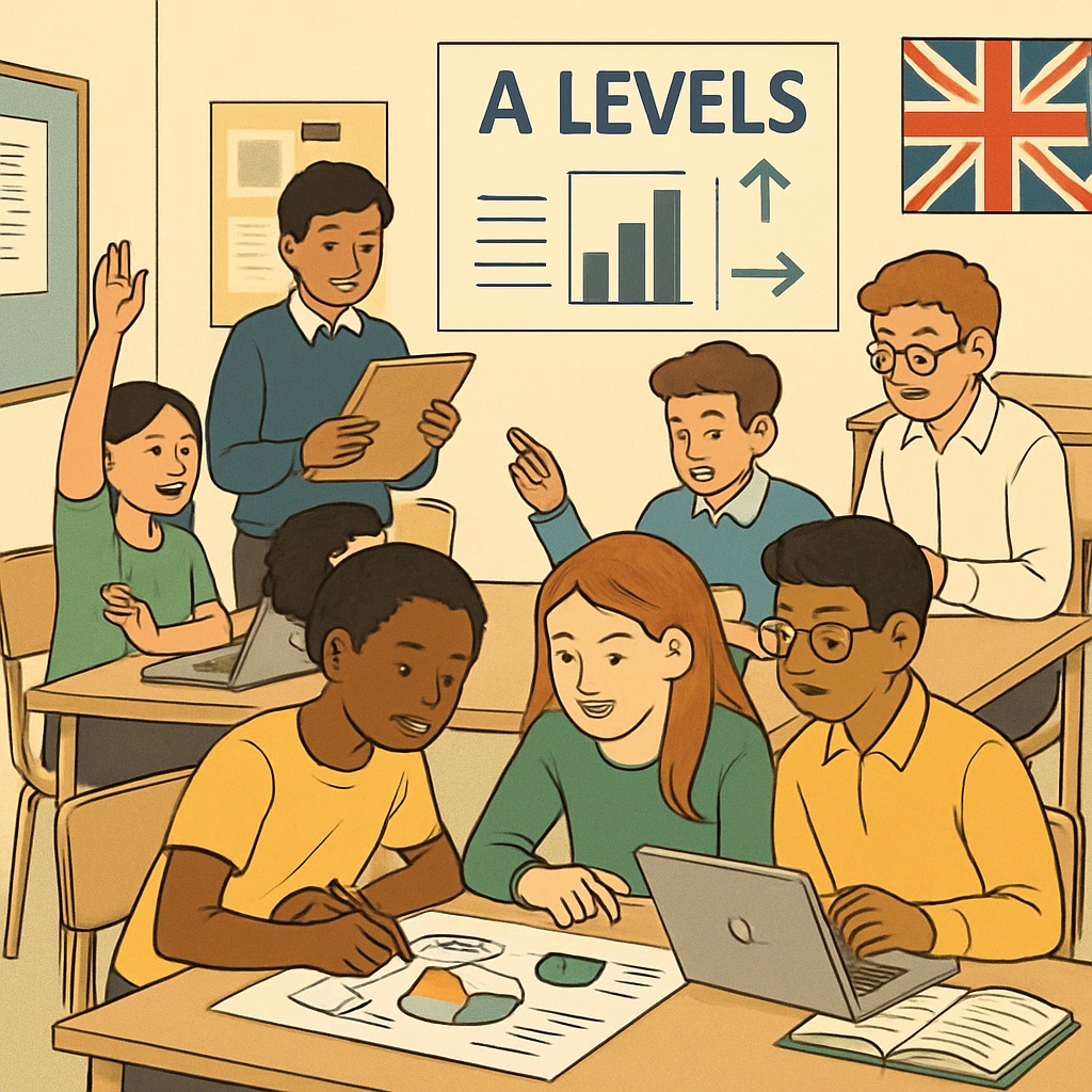 A UK classroom with students engaged in project-based learning, illustrating the flexible A Levels system. Students in a UK classroom participating in project-based learning, showcasing the flexible A Levels system.