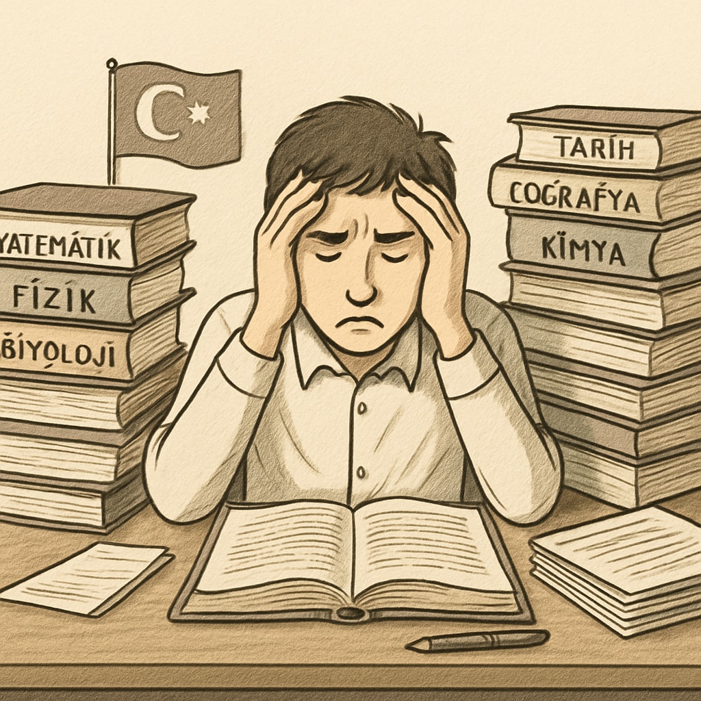 A stressed student surrounded by textbooks, symbolizing exam pressure in Turkey’s education system. Exam pressure in Turkey’s education system illustrated by a student with textbooks.