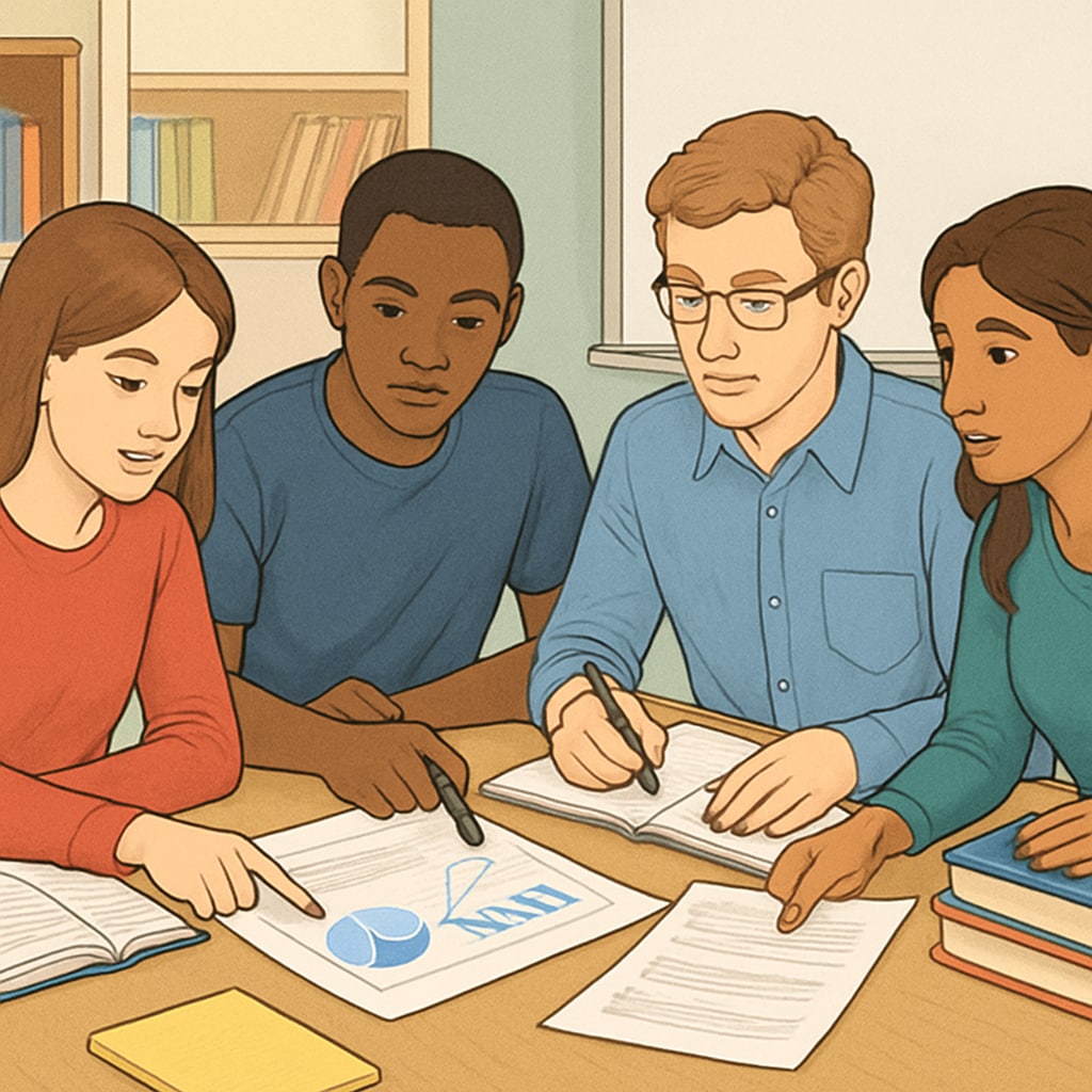 A group of students collaborating on a project, representing the collaborative and analytical focus of the UK’s A Levels. UK A Levels collaborative learning shown through students working together.