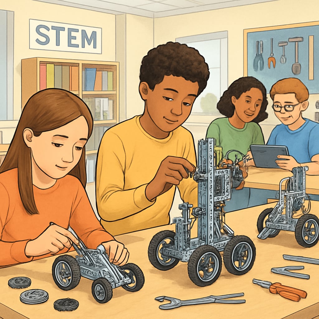 STEM-focused public school classroom with robotics projects.