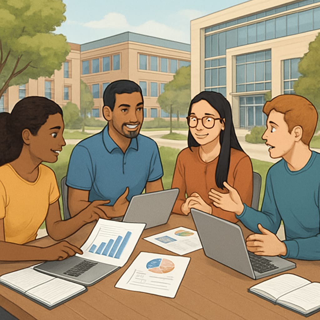 International students collaborating on a data science project.