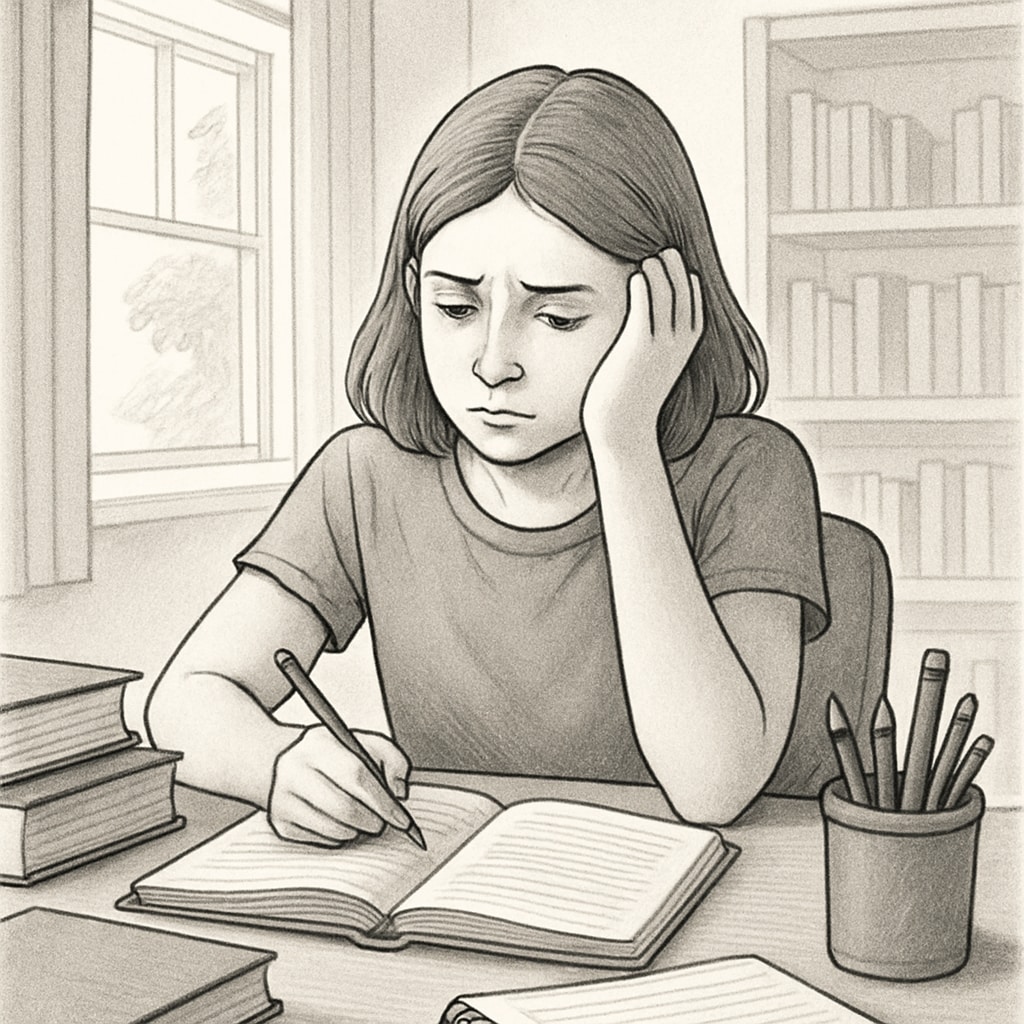 A 15-year-old student sitting at home with study materials, looking concerned about her inability to attend school due to mental health challenges. Student facing admission barriers due to special educational needs.