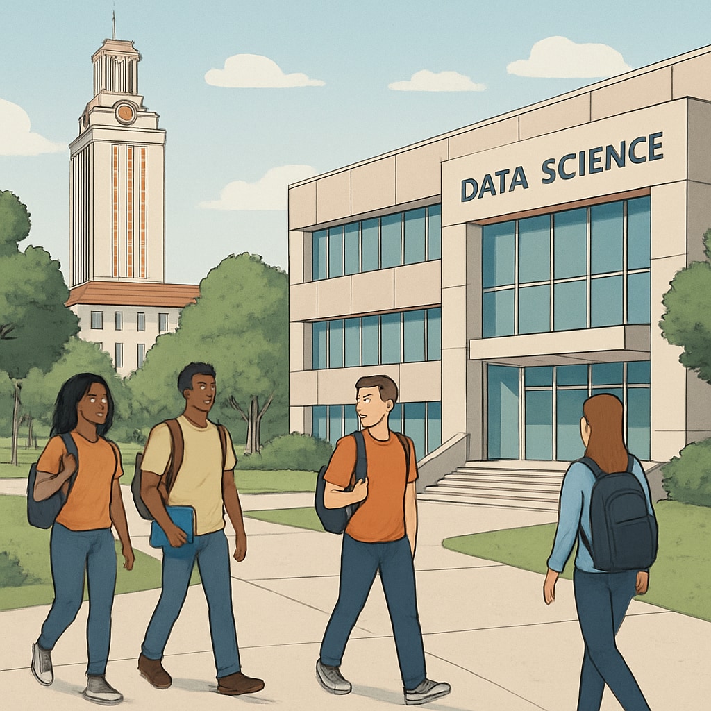 Students near a data science building at a Texas university.
