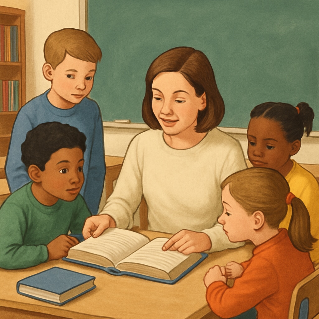 A teacher reviewing a book with a group of students in a classroom setting. Teacher discussing a book with students to assess text complexity.