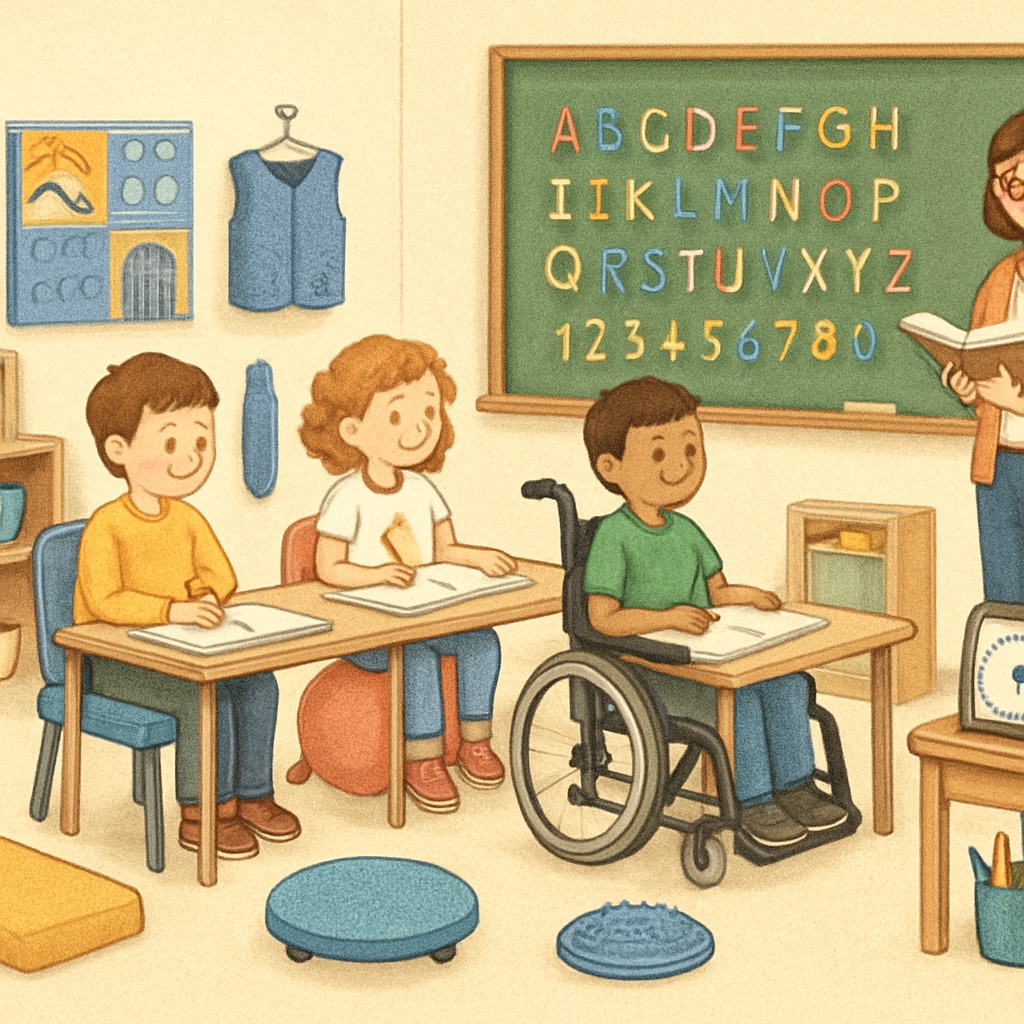 An inclusive classroom setup with various accessibility features, such as sensory tools and adaptive seating, illustrating support for special educational needs. Inclusive classroom design supporting special educational needs.