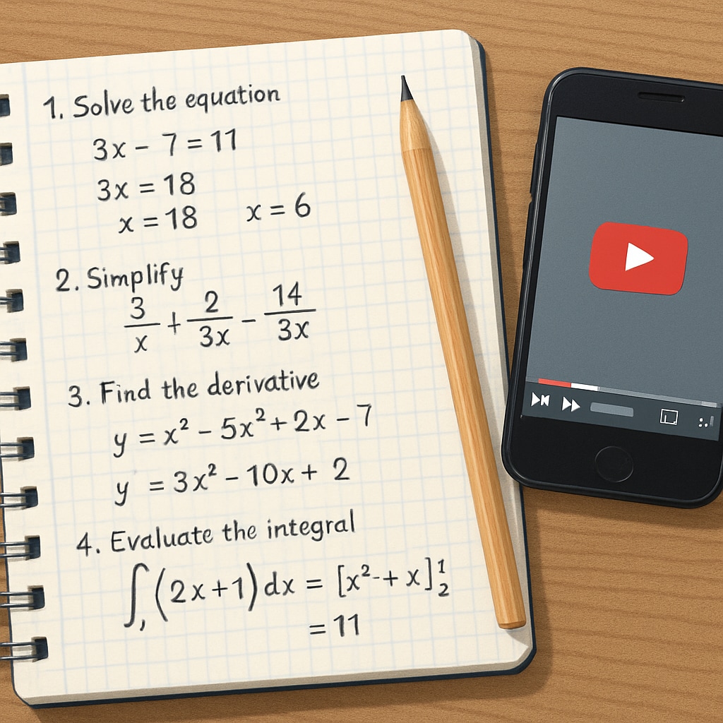 Notebook with math problems and YouTube video for math skills test preparation.
