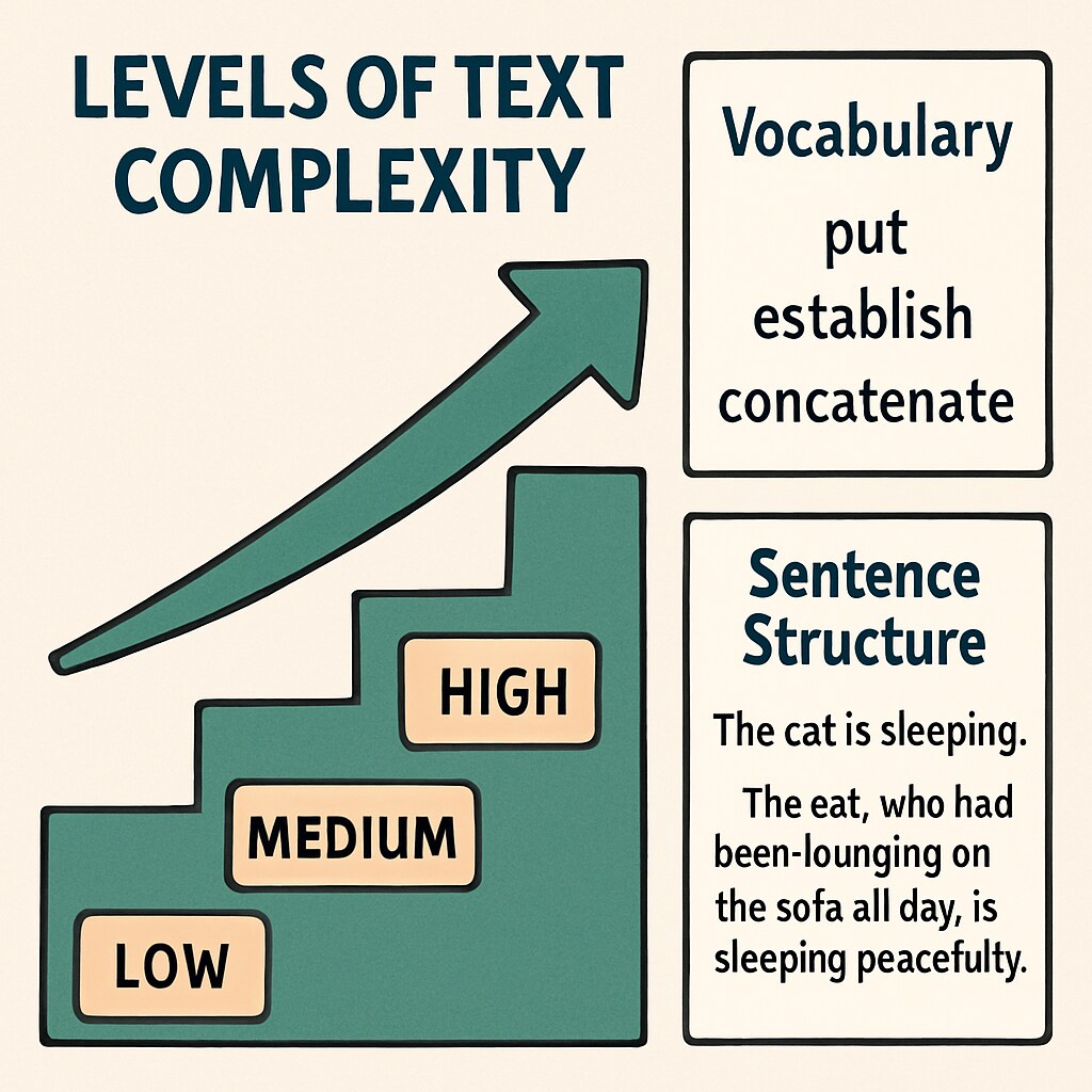 A visual representation of text complexity levels, including vocabulary and sentence structure analysis. Graphical depiction of factors influencing text complexity for students.